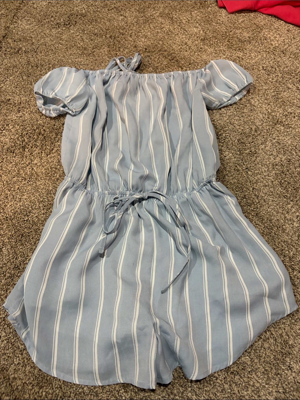 Off-Shoulder Light Blue Striped Romper with Drawstring Waist with pockets.